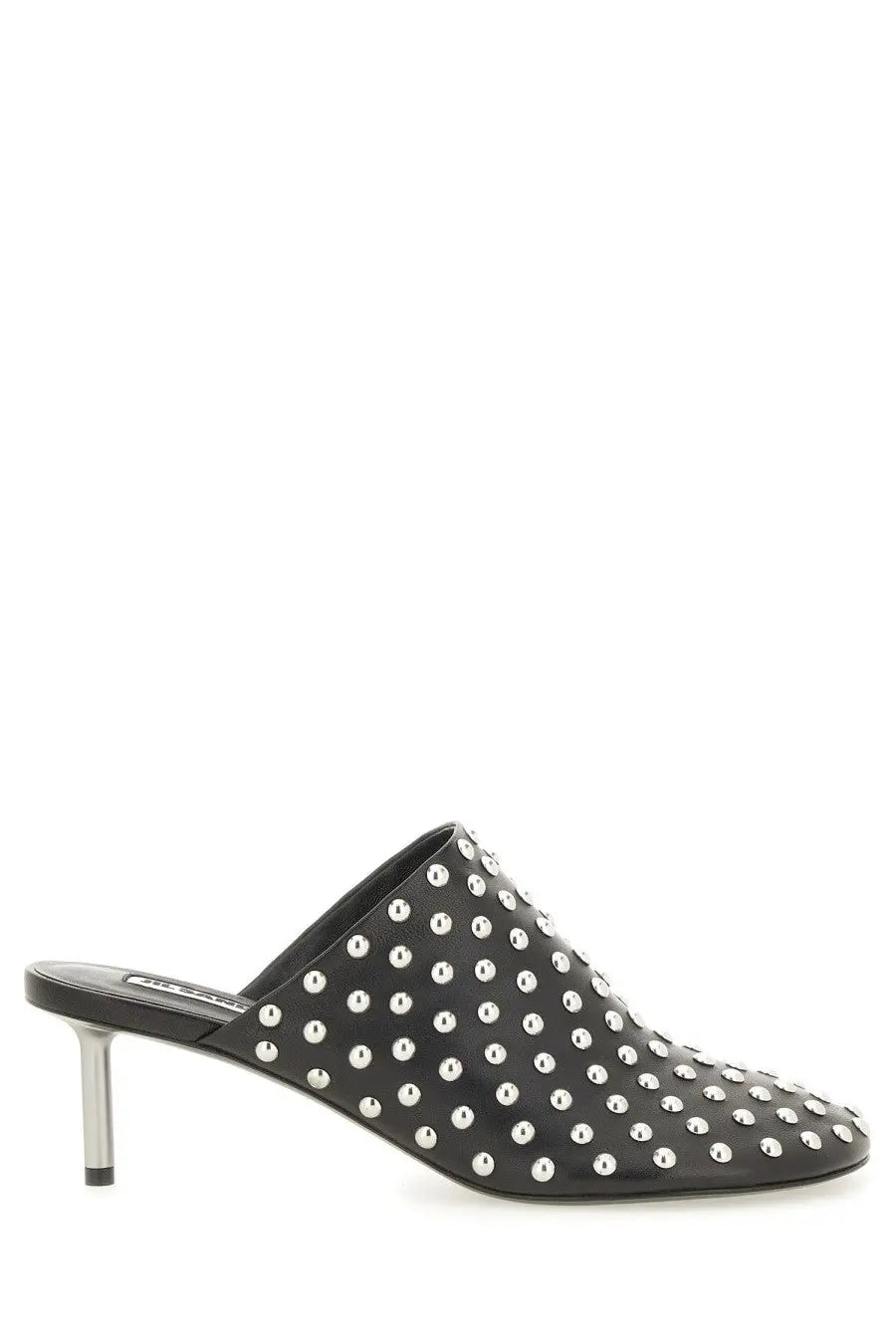 Black leather mule sandal with silver studs and metallic heel from Jil Sander womens nappa leather mules black collection