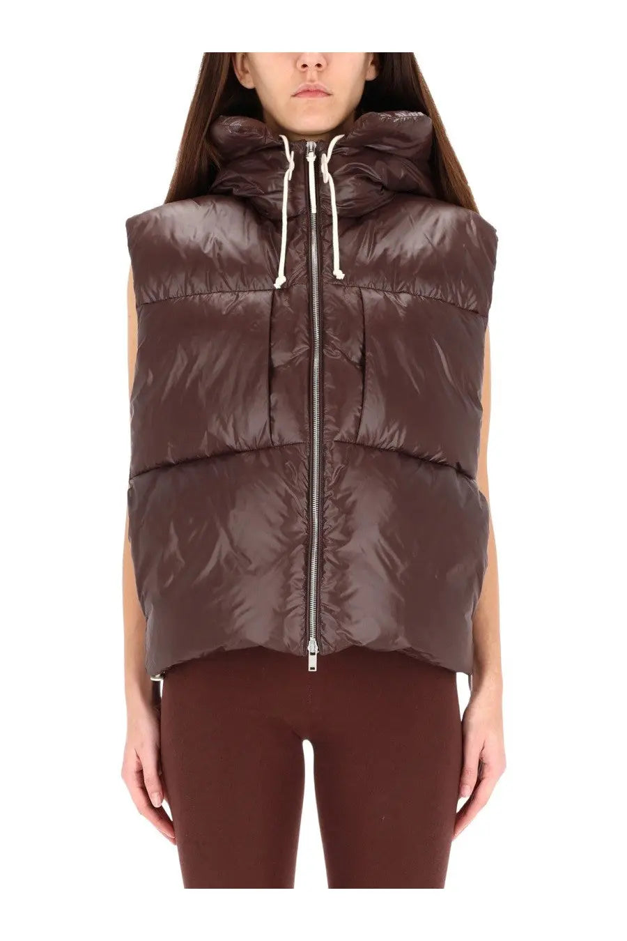 Brown padded vest with hood and white drawstrings for women by jil sander in red color