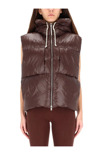 Brown padded vest with hood and white drawstrings for women by jil sander in red color