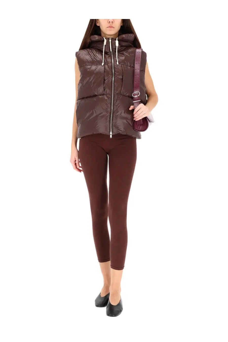 Brown puffer vest with hood and front zipper in red by jil sander womens padded vest for casual warmth