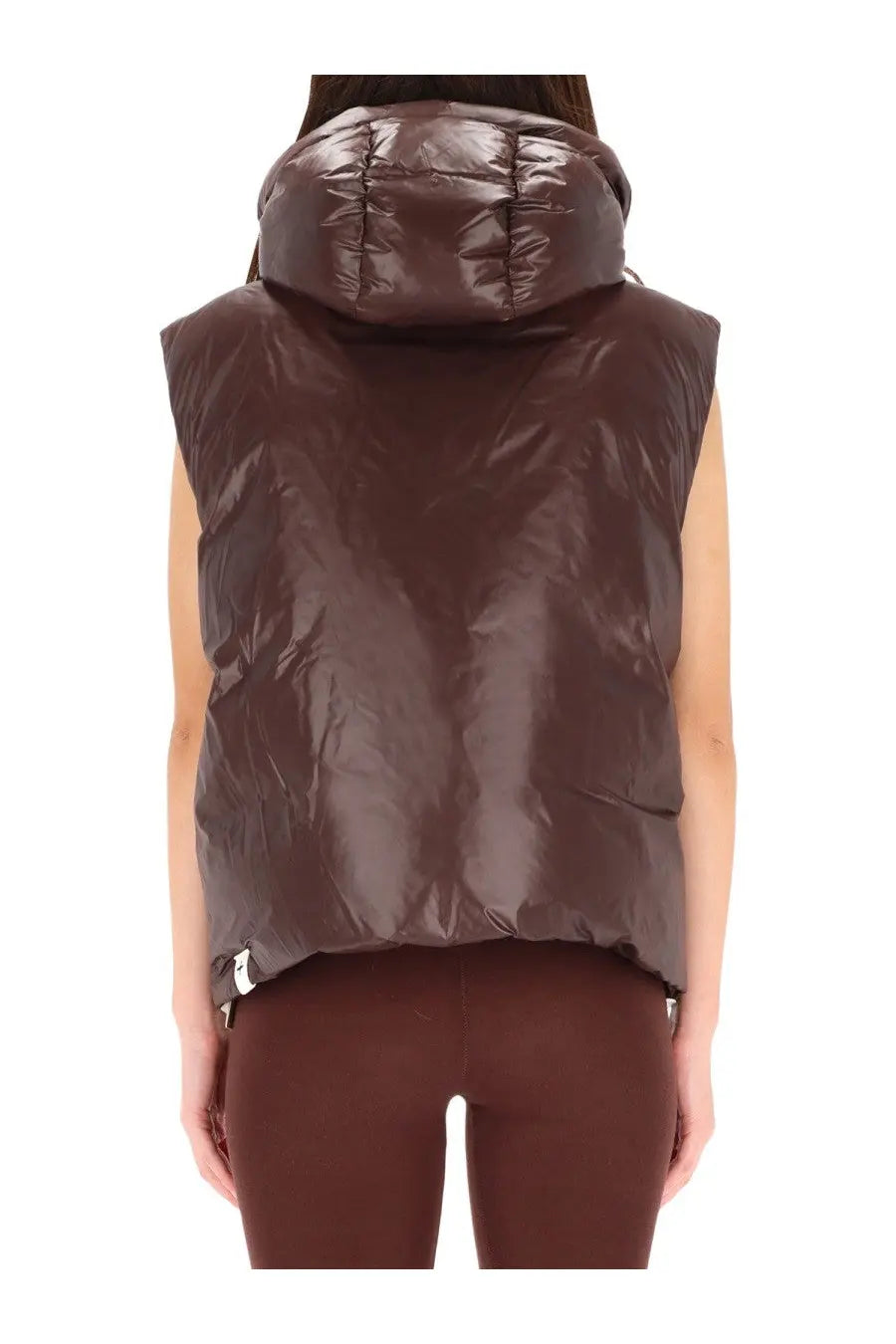 Brown shiny padded puffer vest with hood by jil sander for women in red shown from the front