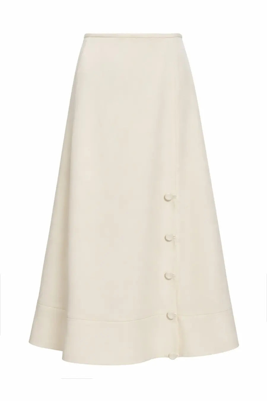 Cream-colored satin a-line skirt by jil sander with straight waistband and five matching front buttons in beige