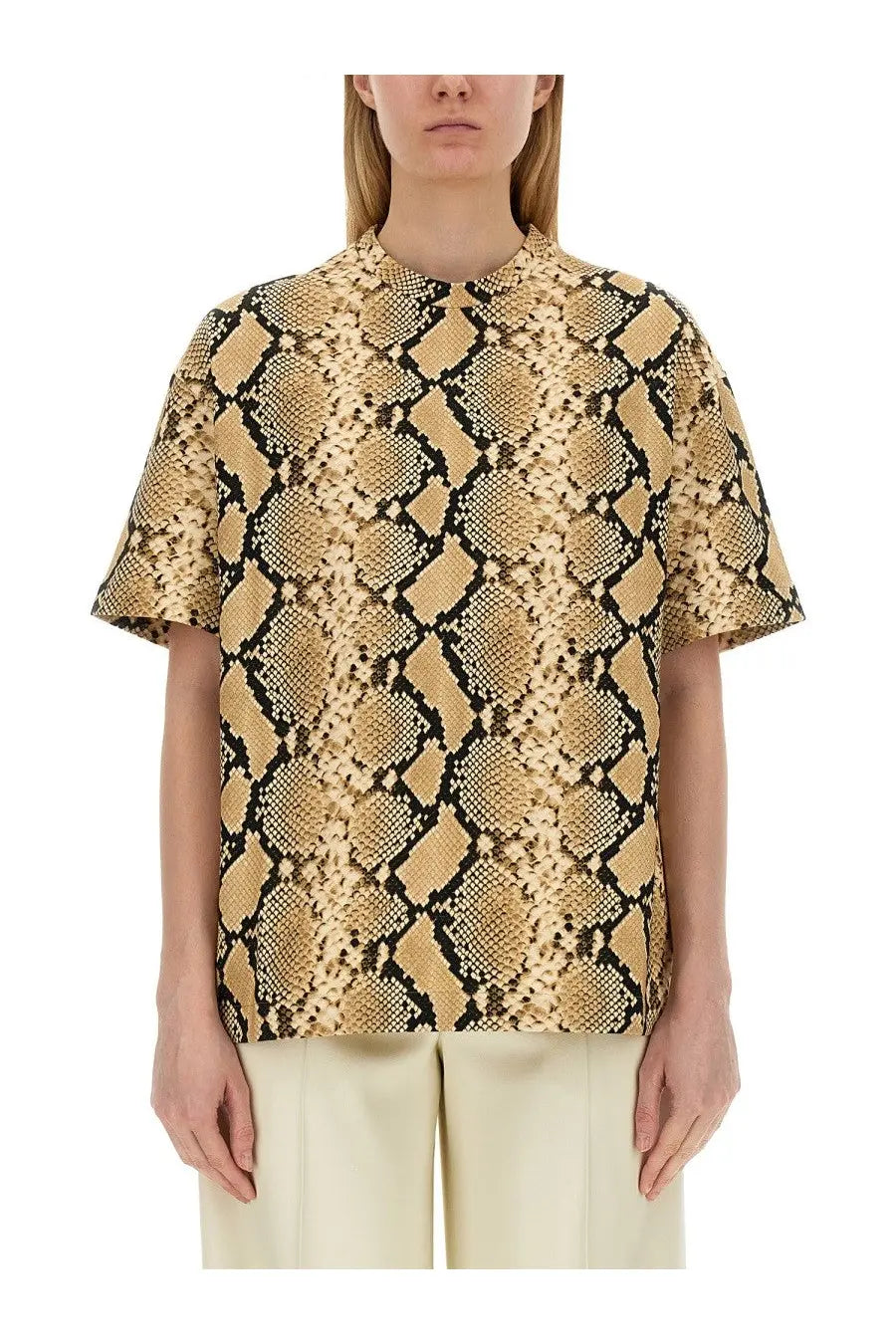 Beige and black snakeskin-patterned short-sleeved relaxed fit shirt by Jil Sander for women