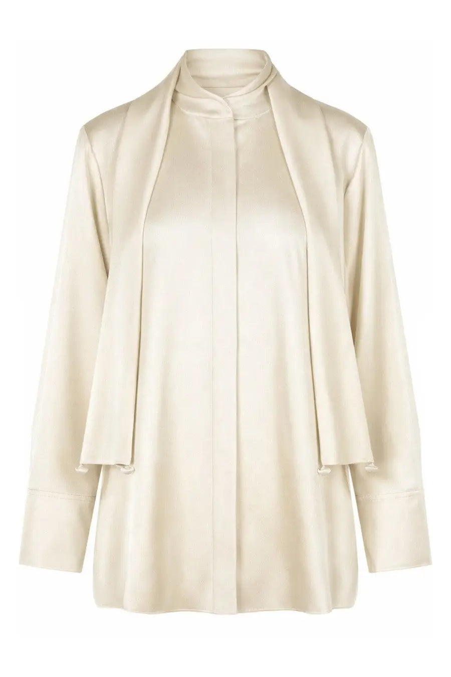 Cream-colored satin blouse with high collar and long sleeves by jil sander womens shirt white front view