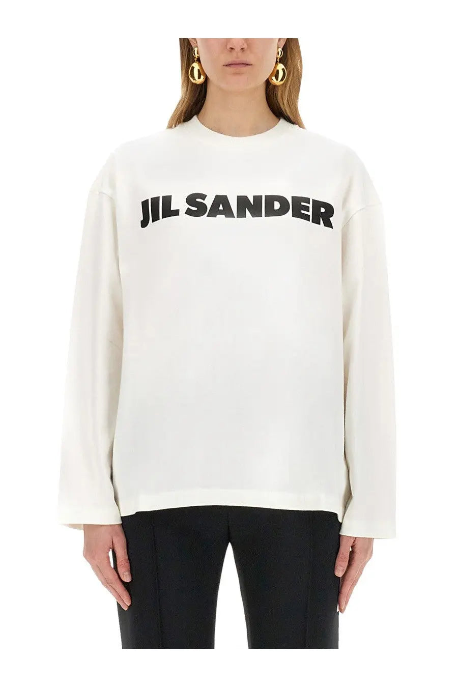 White jil sander long-sleeved sweatshirt with bold black jil sander lettering across the chest for women