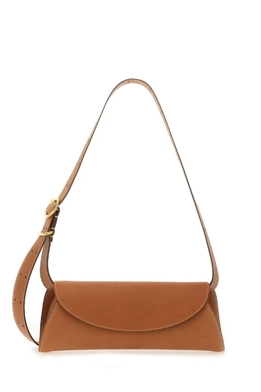 Jil Sander women’s small cannoli bag brown is a tan leather shoulder bag with a minimalist design and gold-tone hardware