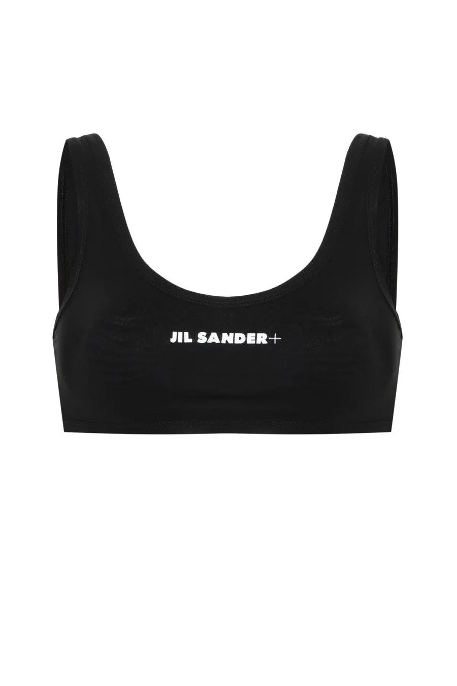 Black jil sander women’s top bikini bra with white logo across the front in a sleek sporty design
