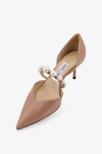 Beige patent leather jimmy choo women’s aurelie pump with pearl embellishments and high heel in white