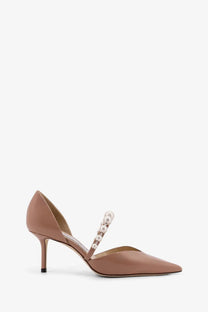 Jimmy Choo women’s Aurelie taupe leather mary jane pump with slender heel and pearl-adorned strap