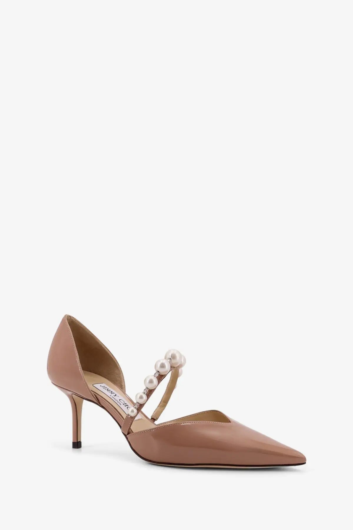 Jimmy Choo women’s Aurelie taupe patent leather pumps with pointed toe slender heel and pearl-adorned t-strap