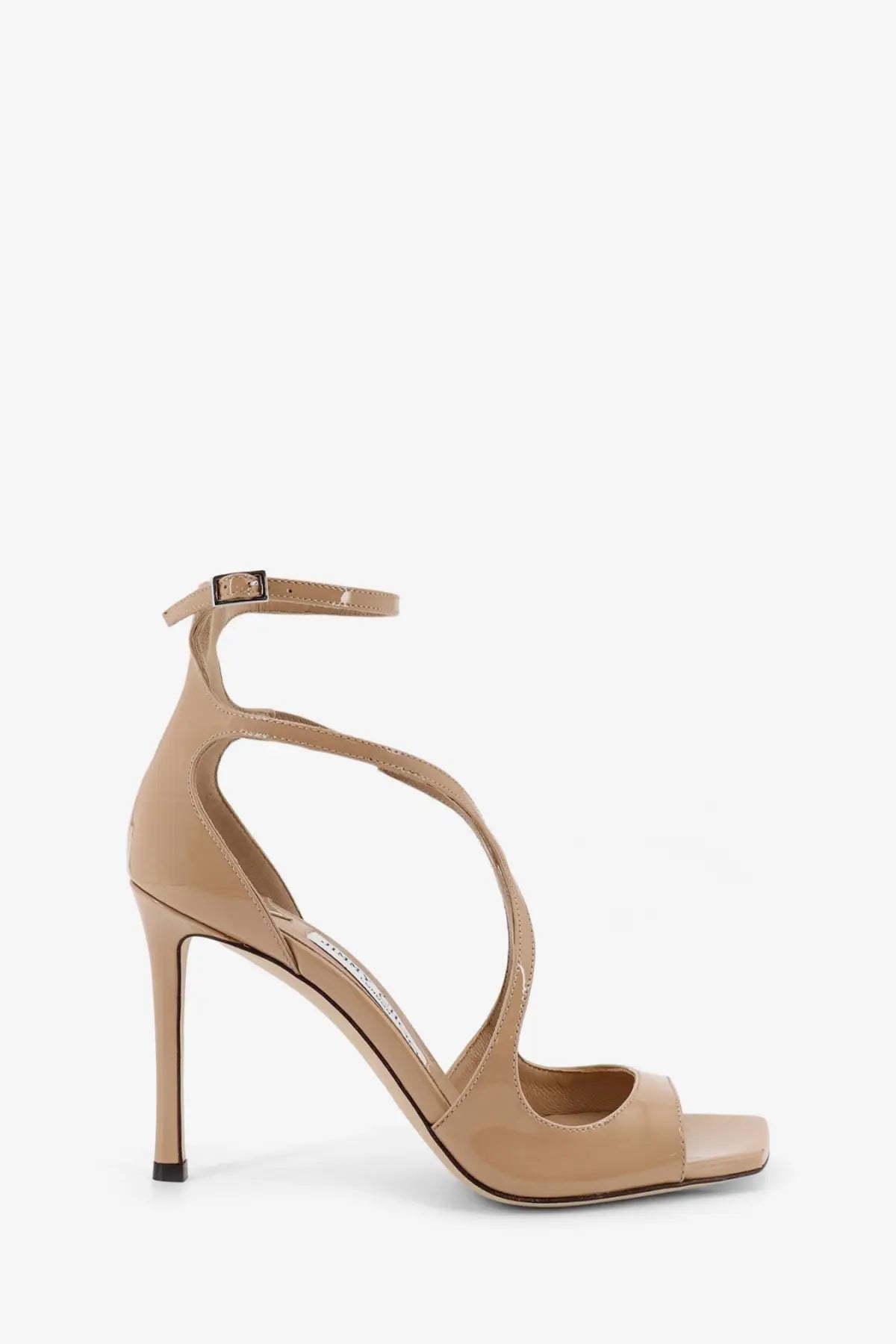 Beige patent leather strappy high heel sandal with slender stiletto heel and ankle strap by Jimmy Choo women Azia