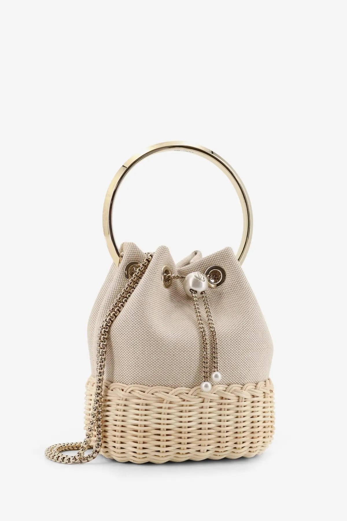 Jimmy choo women’s bon bon beige woven raffia bucket bag with gold circular handle and pearl drawstring closure