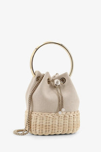 Jimmy choo women’s bon bon beige woven raffia bucket bag with gold circular handle and pearl drawstring closure