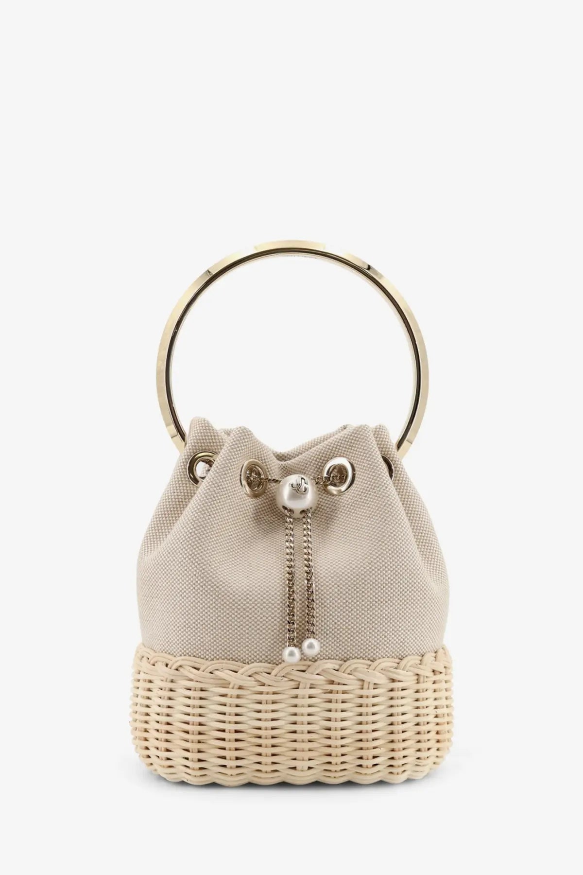 Jimmy Choo women’s beige canvas and woven wicker bucket bag with gold circular handle and pearl drawstring closure