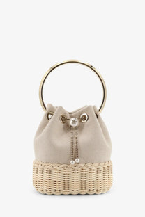 Jimmy Choo women’s beige canvas and woven wicker bucket bag with gold circular handle and pearl drawstring closure