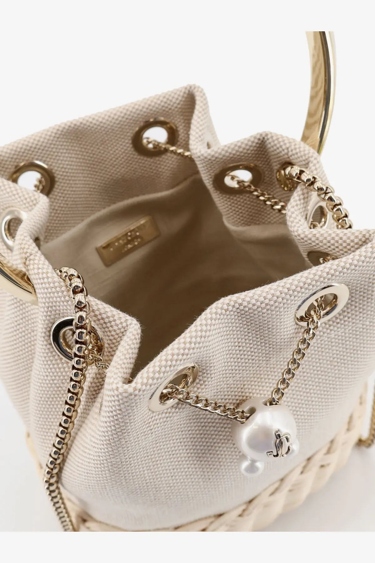 Jimmy Choo women’s beige canvas bucket bag with raffia gold-tone hardware and pearl accent multicolor design