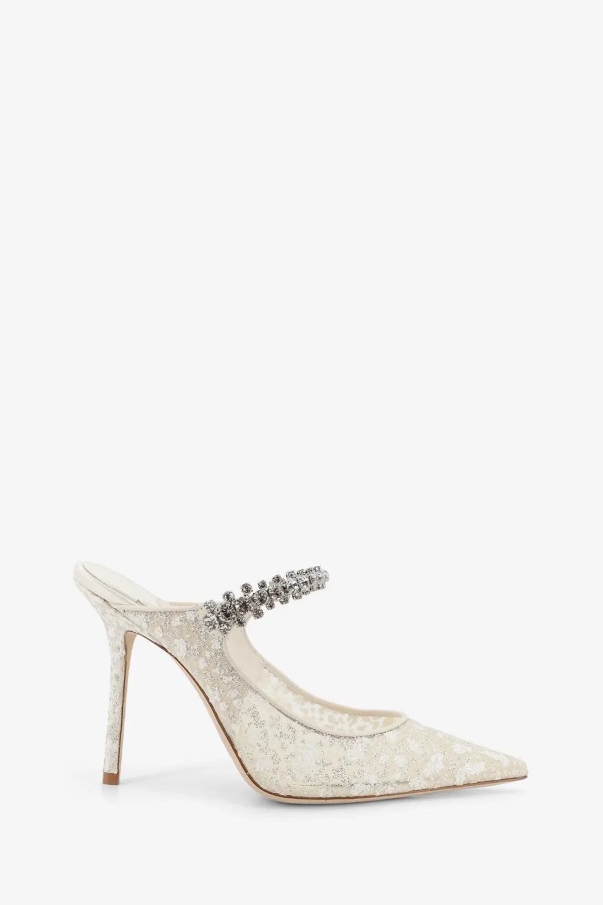 Jimmy Choo women’s embroidered tulle écolleté white cream-colored lace mule heel with sparkling crystal strap