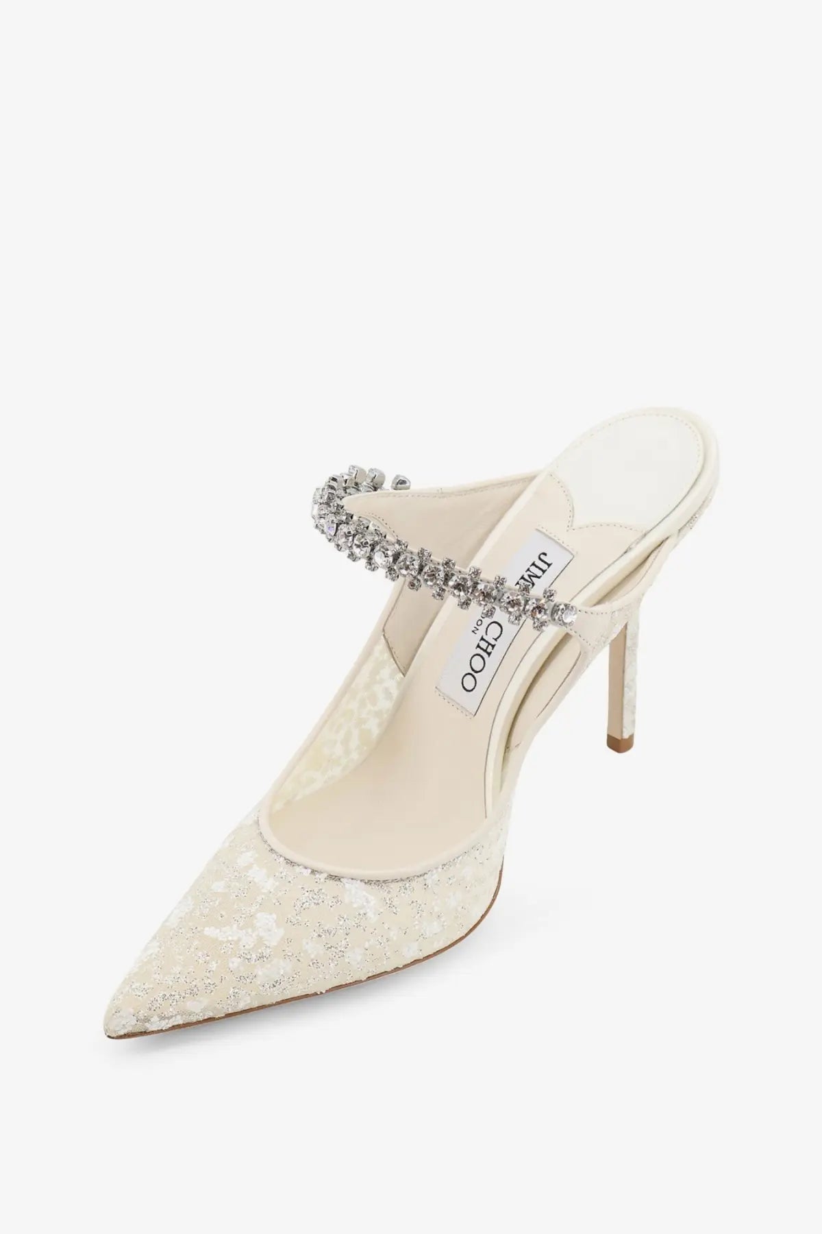 Cream-colored satin slip-on mule with crystal-embellished strap and high heel from jimmy choo women’s embroidered tulle écolleté white