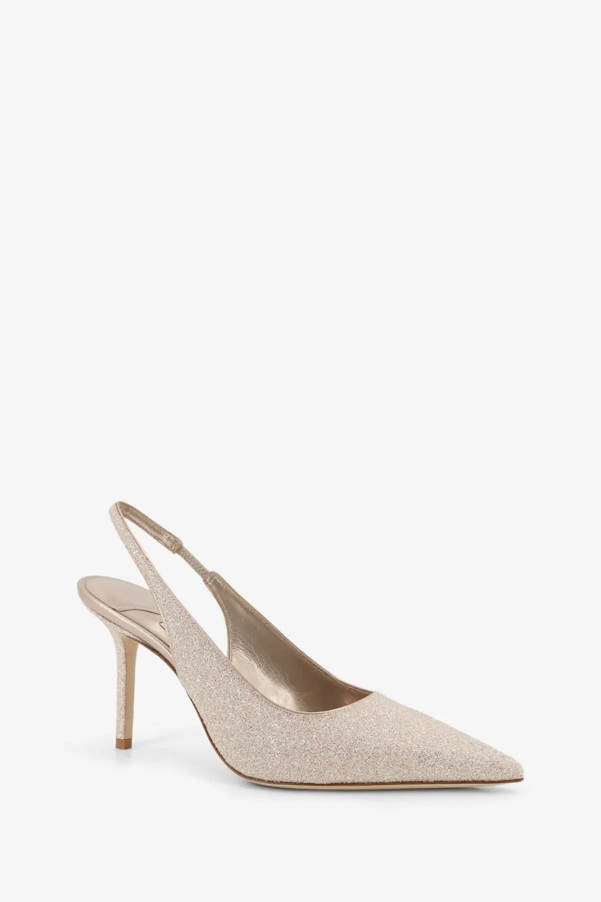 Jimmy Choo women’s Love Écolleté gold shimmering champagne glitter slingback pump with slender heel and pointed toe