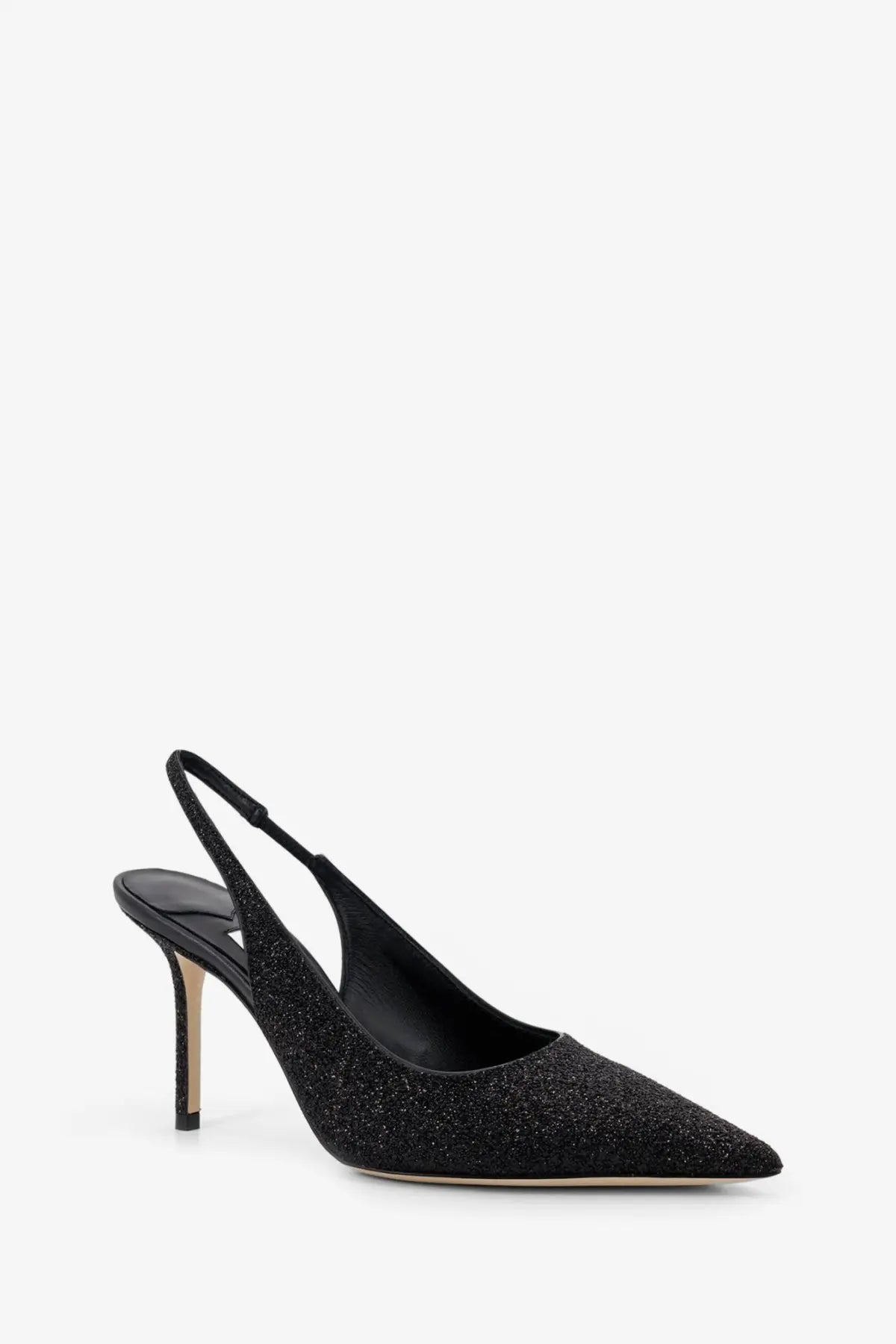 Jimmy Choo women’s black glittery slingback pump with a slender heel perfect for elegant occasions