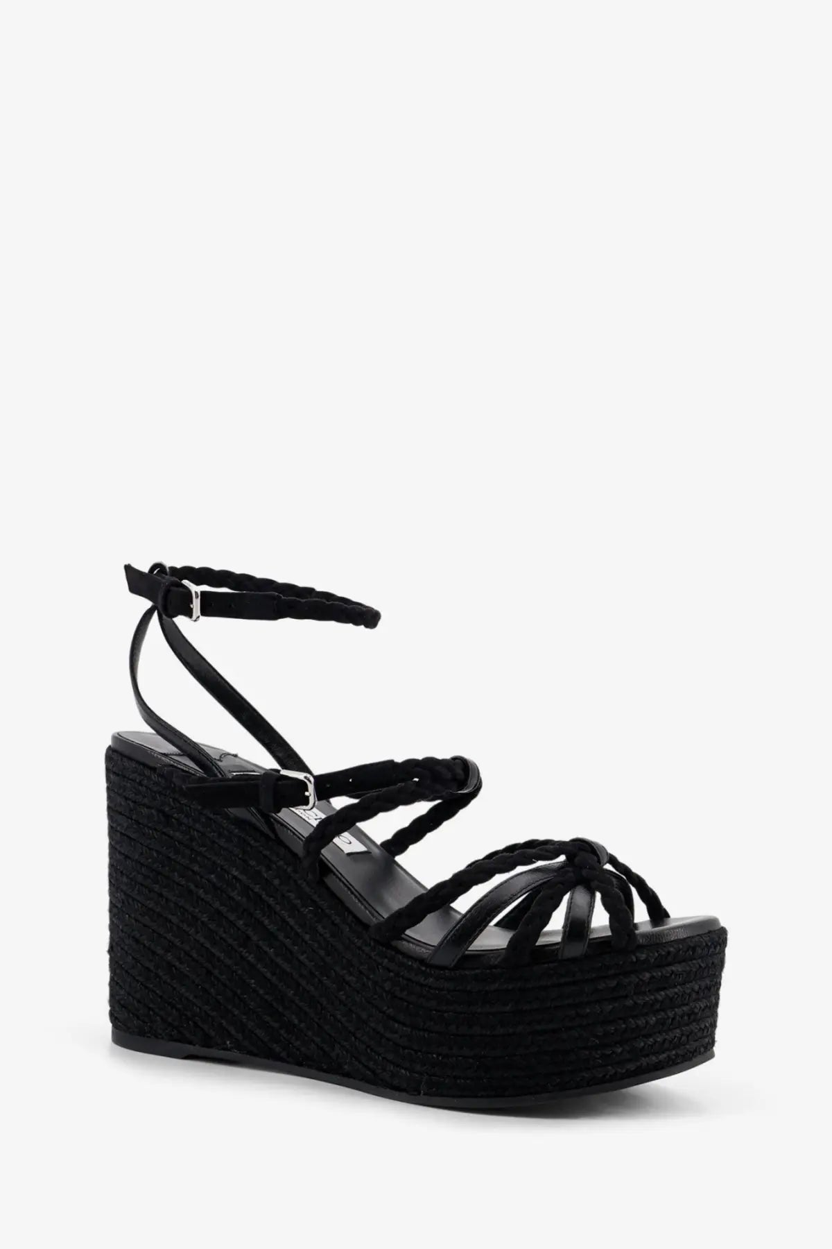 Jimmy Choo women’s Nyra black leather and raffia wedge sandals with braided strap and woven espadrille platform