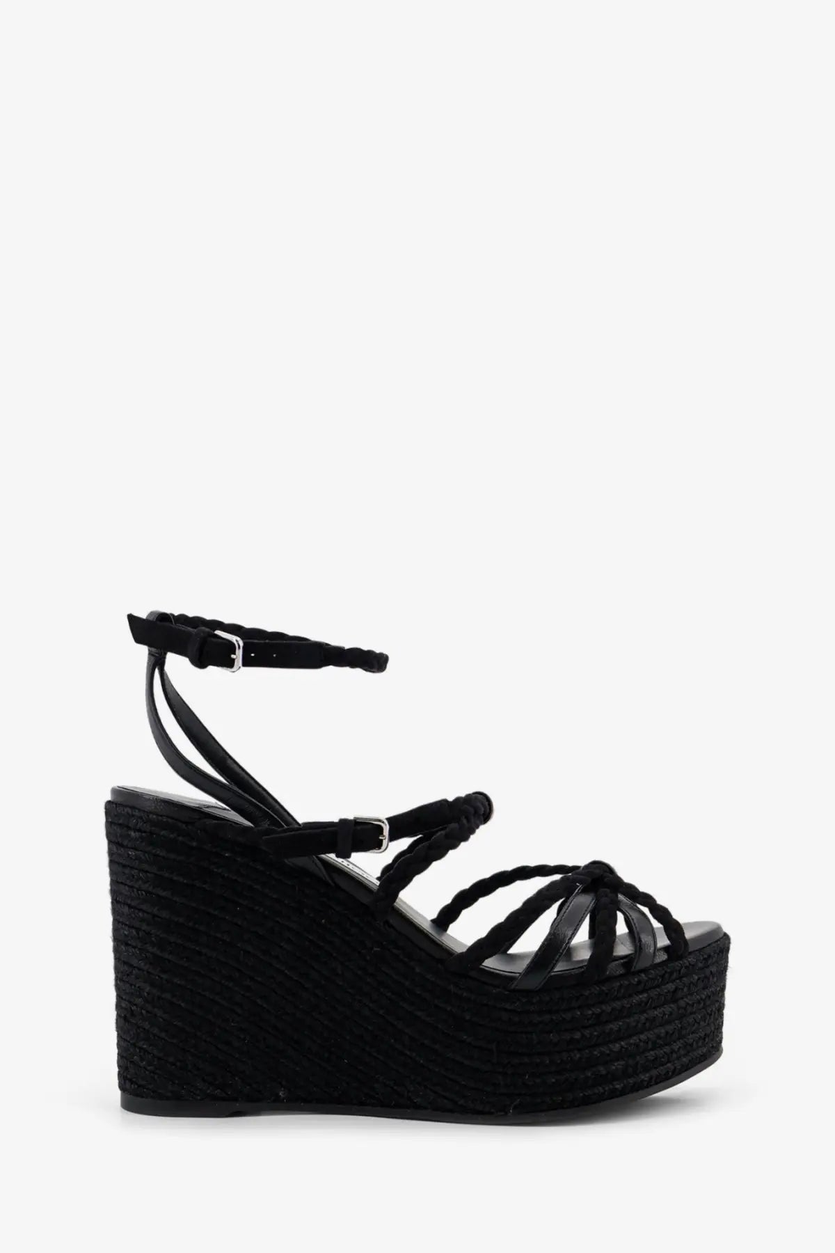 Black jimmy choo women’s nyra espadrille wedge sandal with braided leather straps and textured raffia platform sole