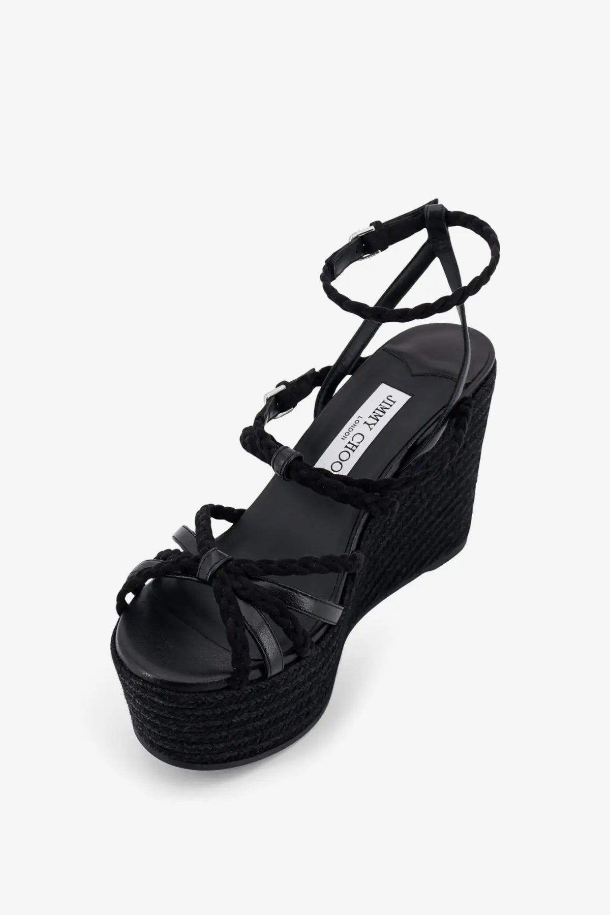 Black jimmy choo women’s nyra leather and raffia wedge sandal with braided straps and woven espadrille sole
