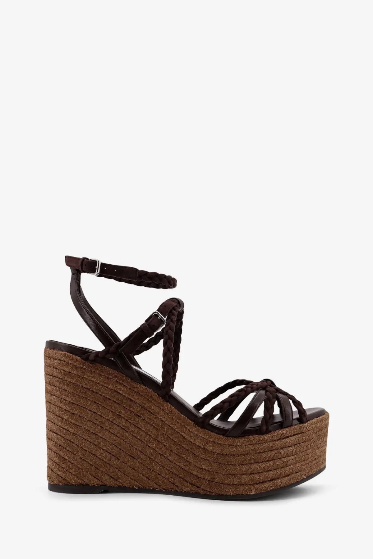 Jimmy Choo women’s nyra dark brown braided leather wedge sandal with woven raffia espadrille sole