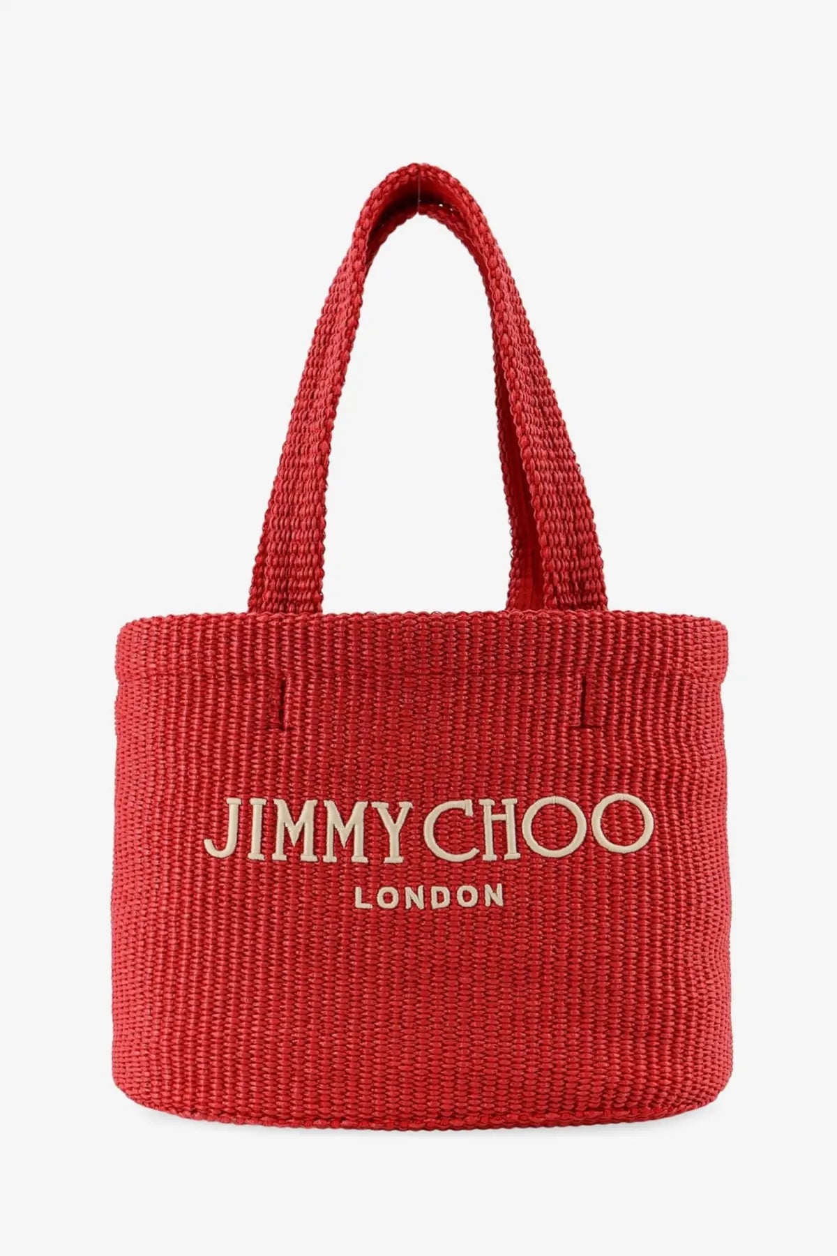 Red woven raffia tote bag with jimmy choo london cream embroidery for women’s shopping use