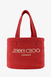Red woven raffia tote bag with jimmy choo london cream embroidery for women’s shopping use