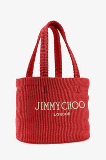 Red woven raffia tote bag with jimmy choo london embroidered in gold lettering for women’s shopping use