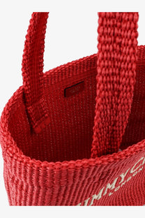 Jimmy Choo women’s raffia shopping bag in red with woven texture braided handles and subtle shimmer