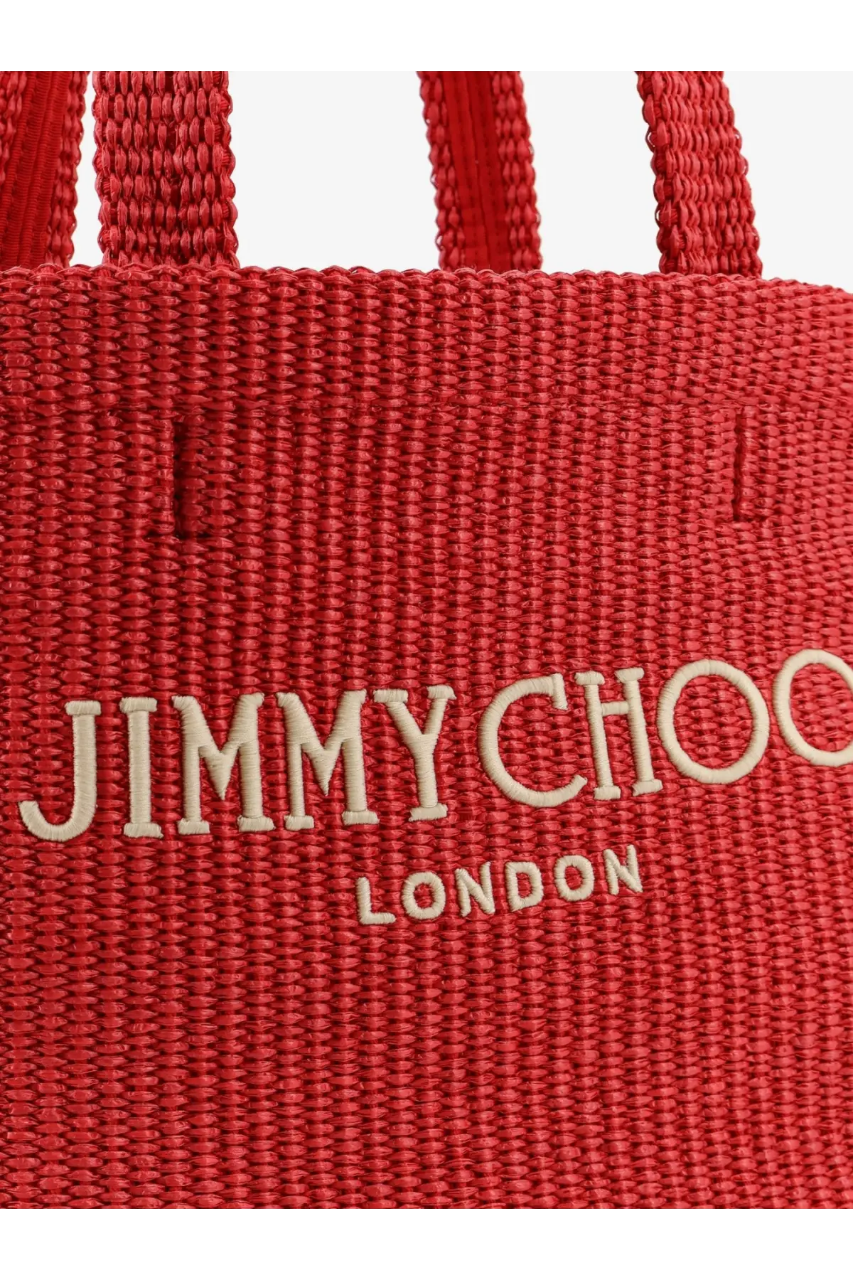 Jimmy Choo women’s red woven raffia tote bag with cream embroidered jimmy choo london logo for shopping use