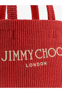 Red woven raffia tote bag with cream embroidered jimmy choo london logo designed for women shoppers