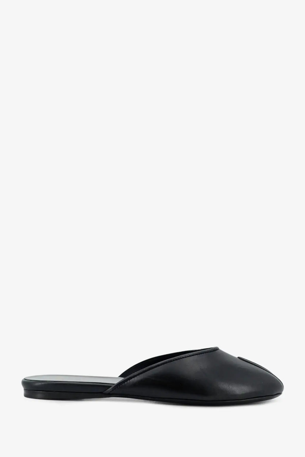 Jude women’s date flat leather sandals in black featuring sleek black leather mule slip-on design with subtle stitching