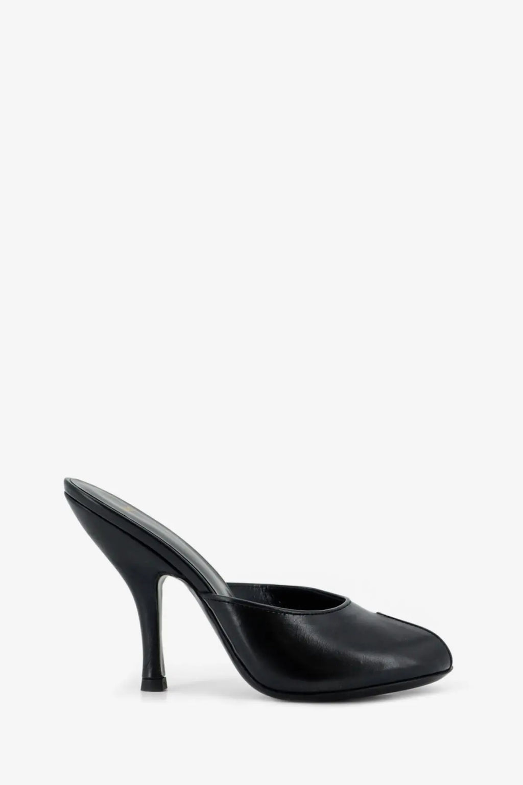 Black leather jude women’s date mule sandals with a sleek minimalist design and slender stiletto heel