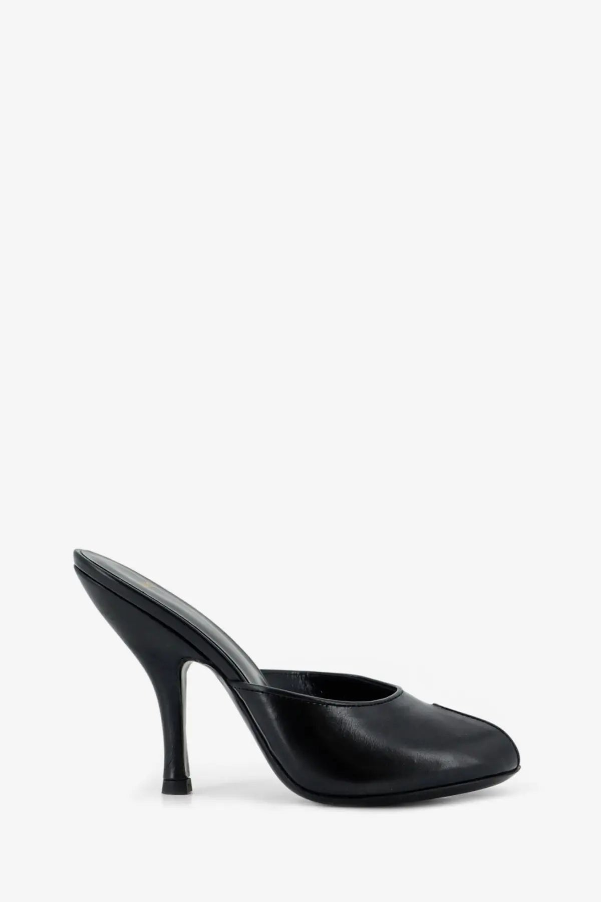 Black leather jude women’s date mule sandals with a sleek minimalist design and slender stiletto heel