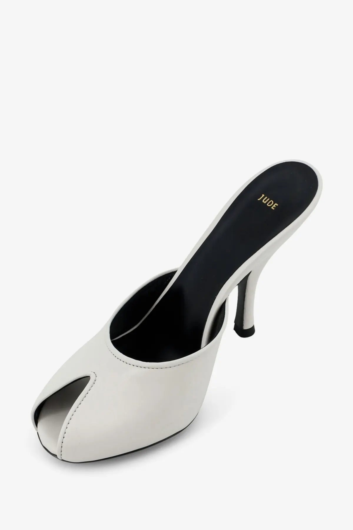 White leather peep-toe mule sandals with black insole and heel for women by jude perfect for date nights