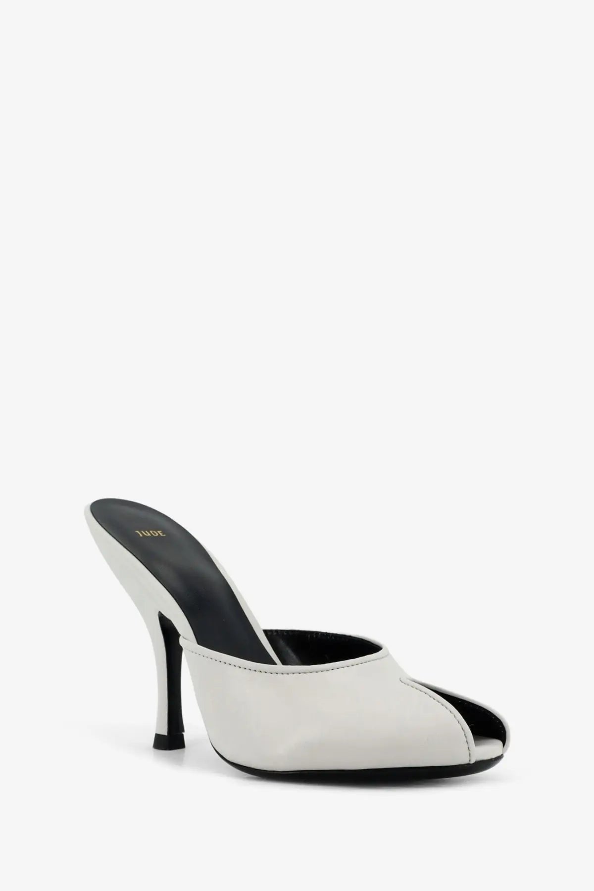 Jude women’s leather date mule sandals white with sleek white leather, black heel and insole, open toe design