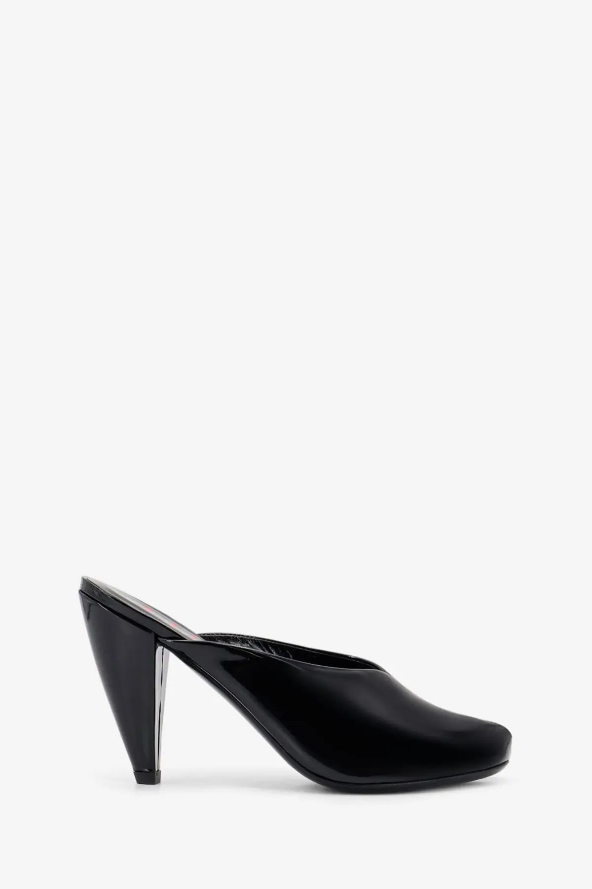 Black patent leather Jude women’s paw mule sandal with sleek glossy finish and transparent acrylic heel