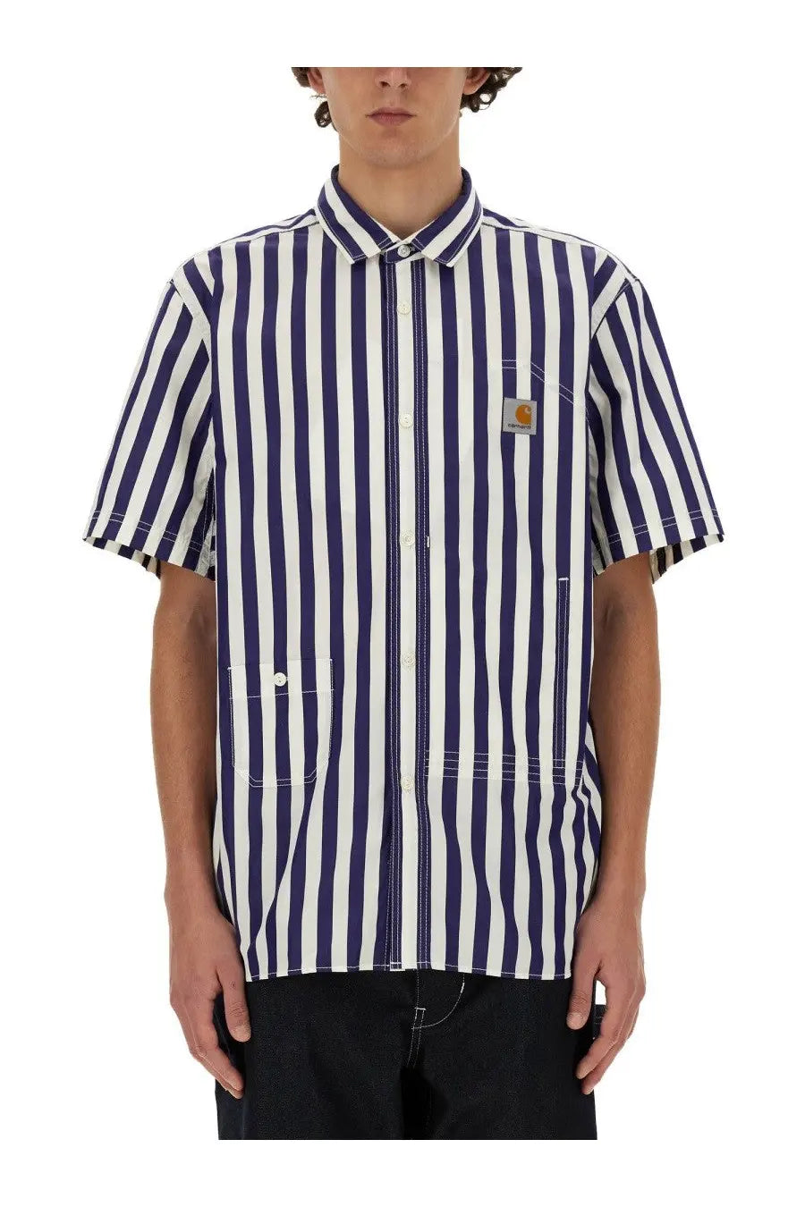 Navy and white vertically striped short sleeve button up shirt with carhartt logo patch by junya watanabe man