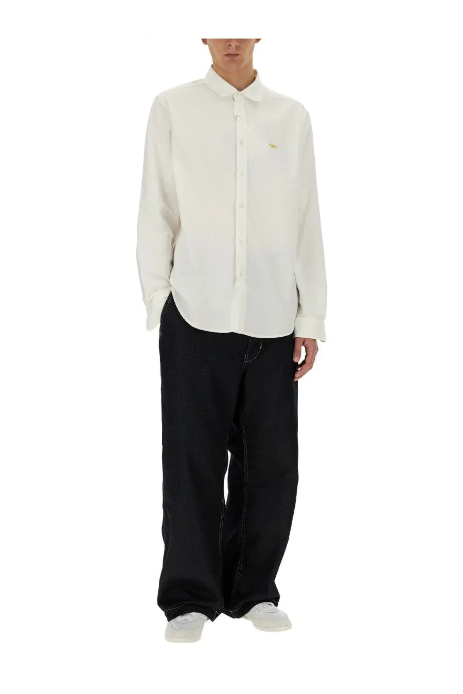 White long-sleeved button-up shirt with subtle gold logo on chest by junya watanabe man maison kitsune