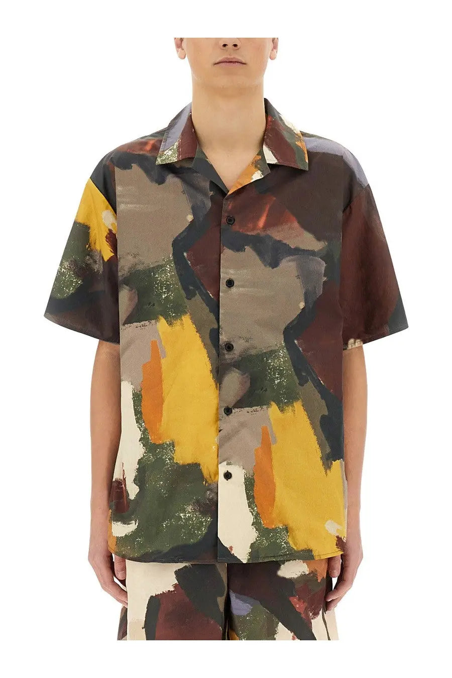 Jw anderson men’s short-sleeved button-up shirt with bold abstract camouflage print in earthy multicolor tones