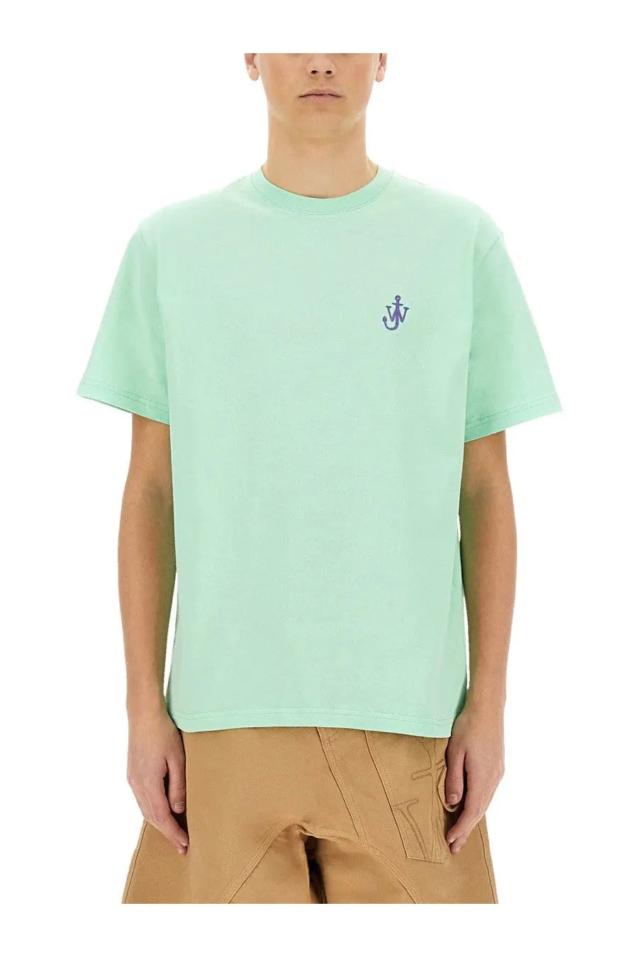 Jw anderson men’s mint green cotton t-shirt with small embroidered anchor logo on left chest
