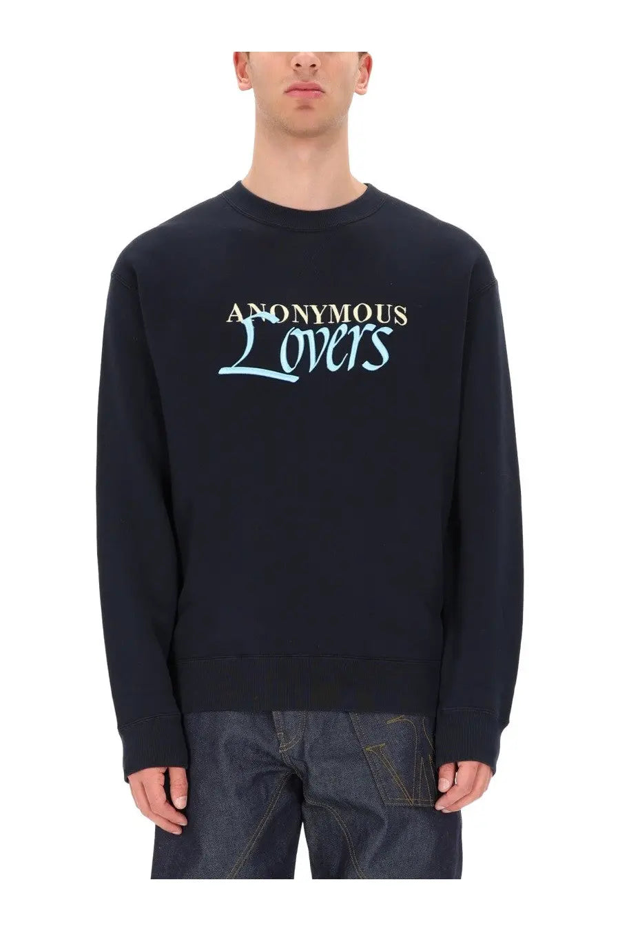 Jw anderson men’s black cotton sweatshirt with anonymous lovers printed in gold and light blue lettering on the chest