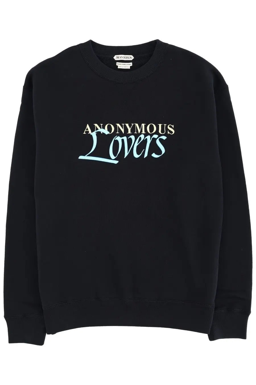 Jw anderson men’s black cotton sweatshirt with anonymous lovers printed in cream and light blue script across chest