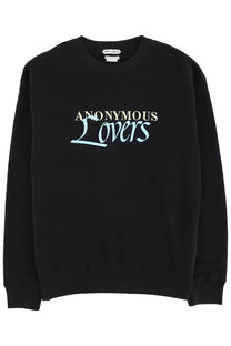 Jw anderson men’s black cotton sweatshirt with anonymous lovers printed in cream and light blue script across chest