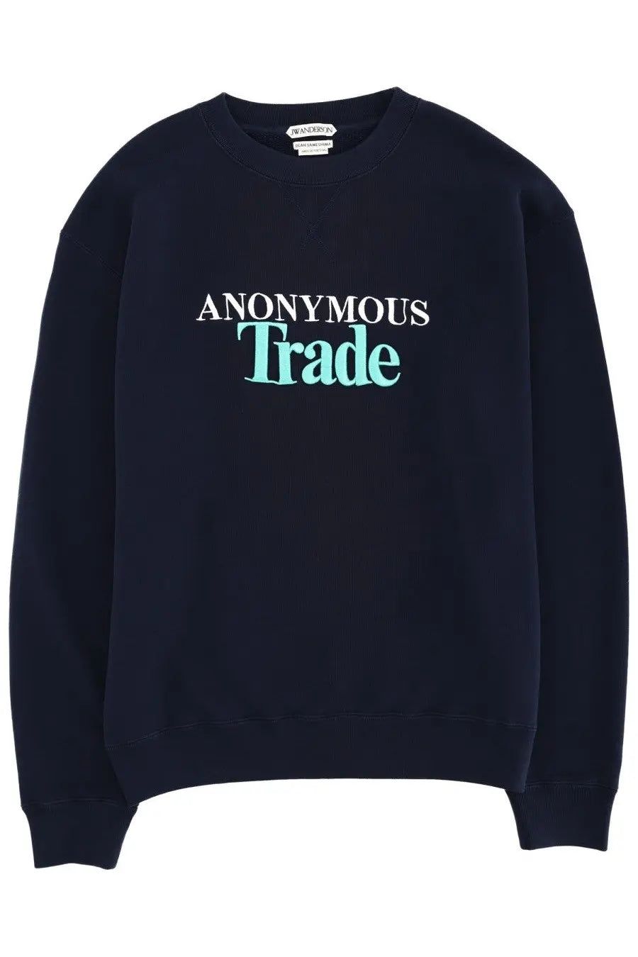Navy blue JW Anderson men’s crewneck sweatshirt with anonymous trade printed in white and teal across the chest
