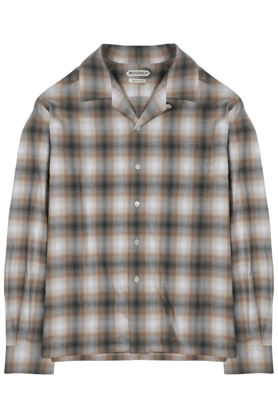 Jw anderson men’s soft long-sleeved button-up shirt in muted beige gray and white plaid pattern