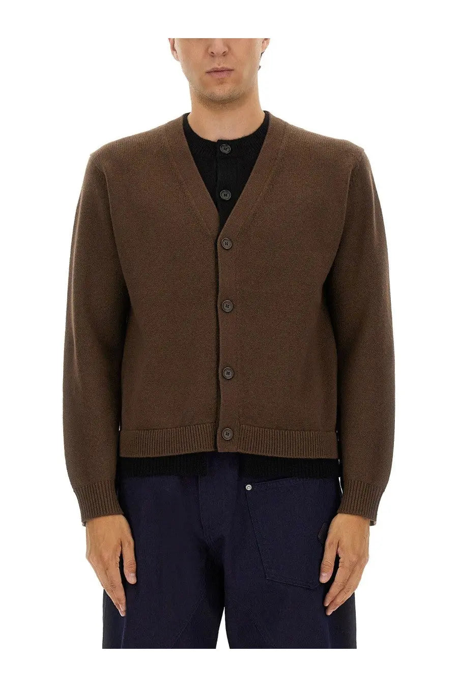 Jw anderson men’s brown knit cardigan with matching buttons and ribbed cuffs for layered casual wear